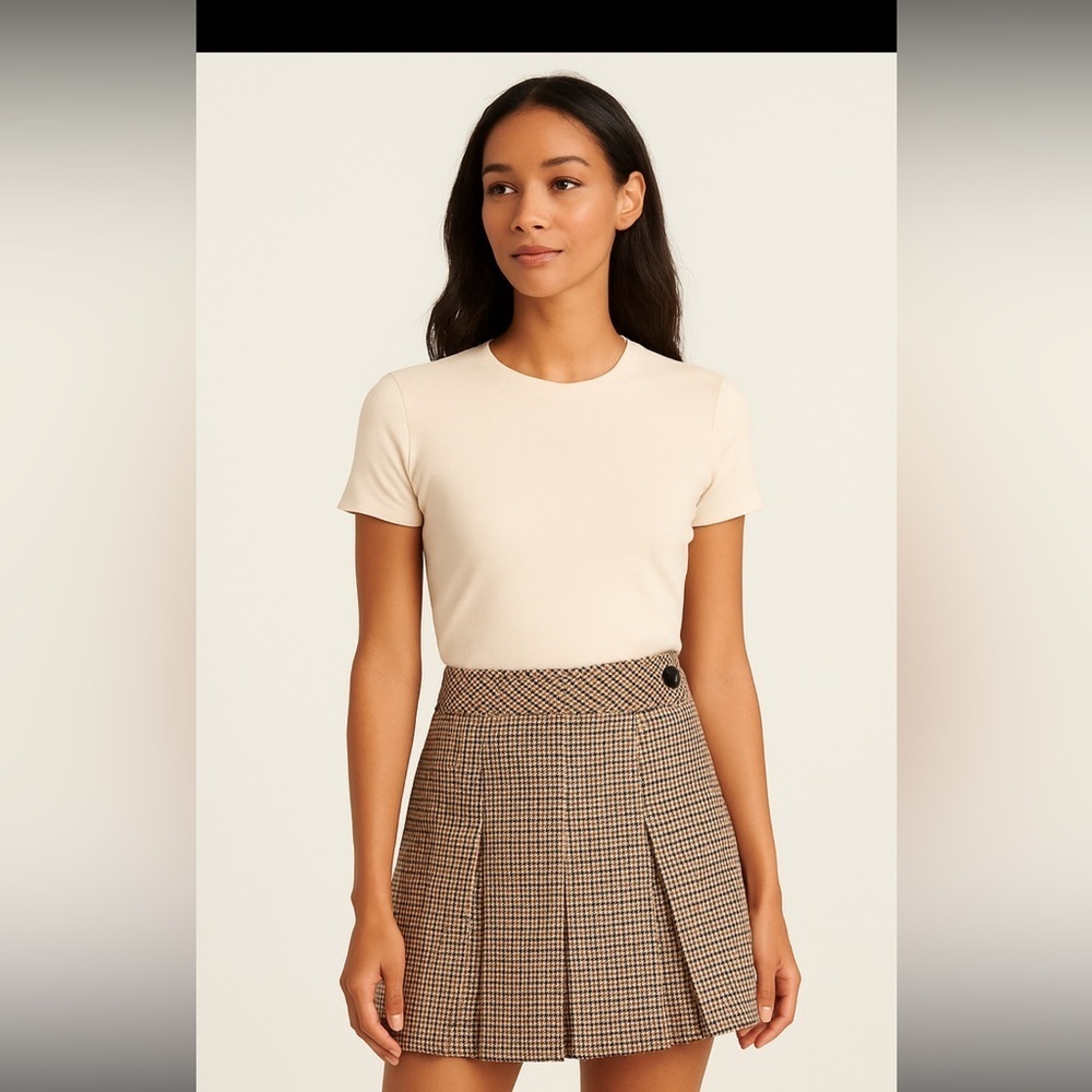 NWT Joe B by Joe Benbasset Tan Black Houndstooth Pleated Mini Skirt Size‎ Small